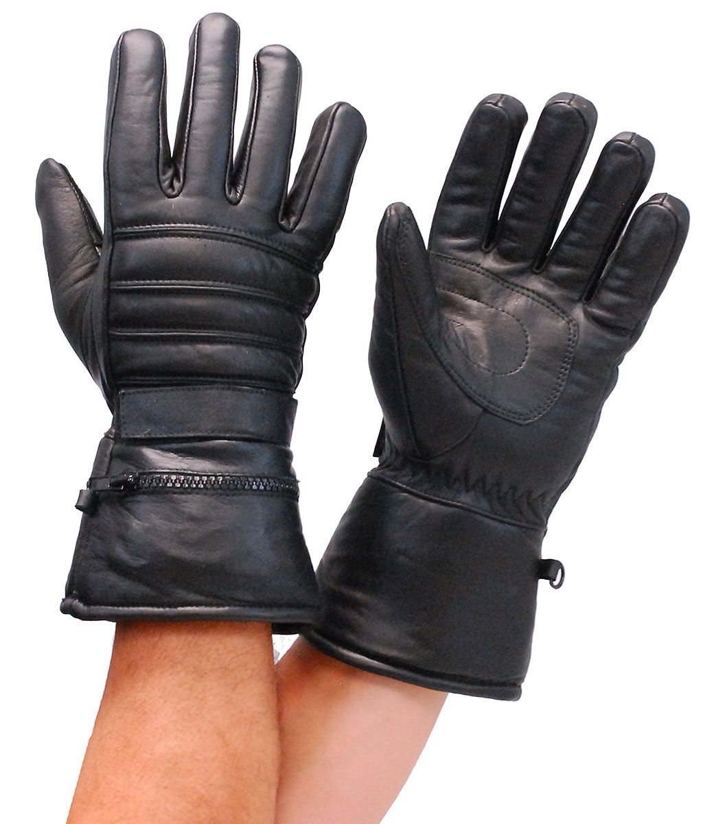 Top quality buffalo leather biker gloves with pocket in the cuffs for your stash and a removable rain mitt. 