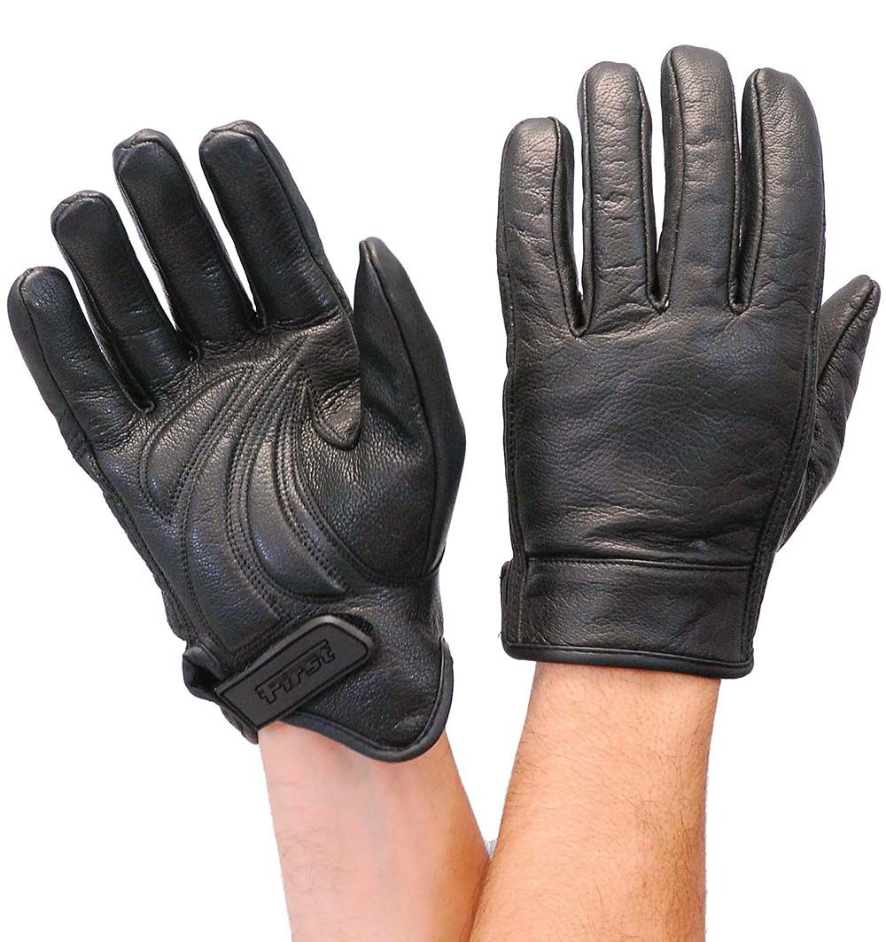 Leather motorcycle gloves with gel padded palms that reduce fatigue.