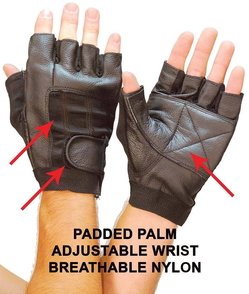 Leather and nylon fingerless gloves with reinforced palm.