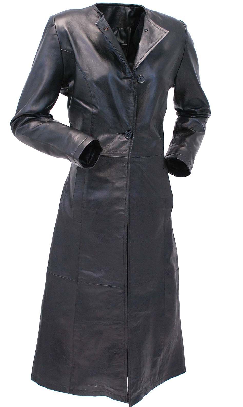 Extra long 47" black lambskin leather trench coat for women. 