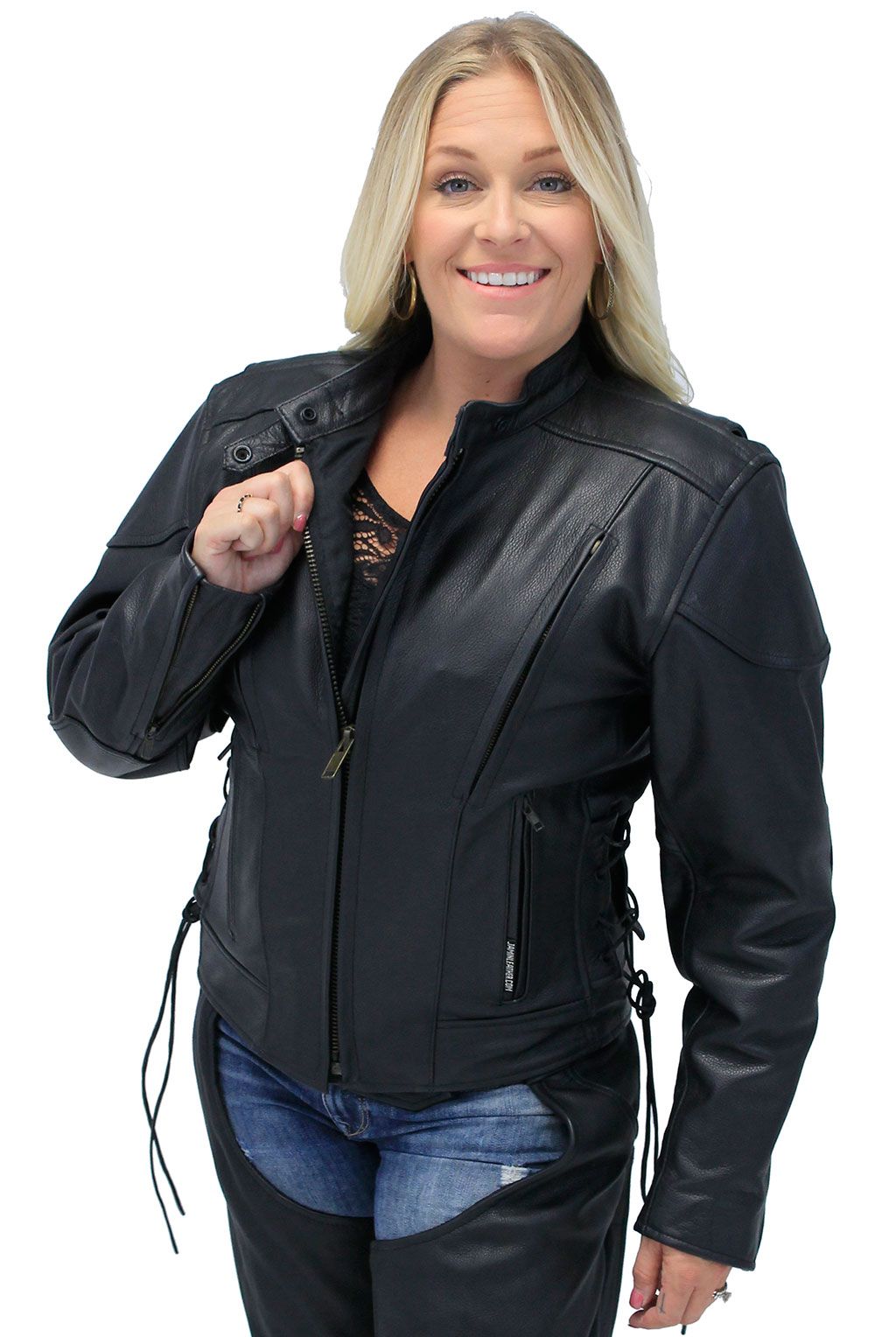 Vented women's leather motorcycle jacket with zip out lining.