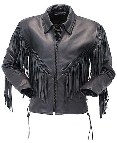 A popular women's leather motorcycle jacket in premium buffalo leather with 8" fringe on front, back and arms. 