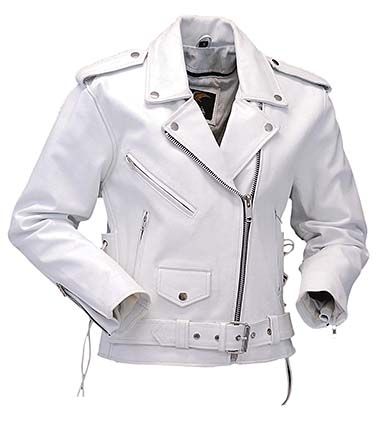 White leather motorcycle jacket for women.