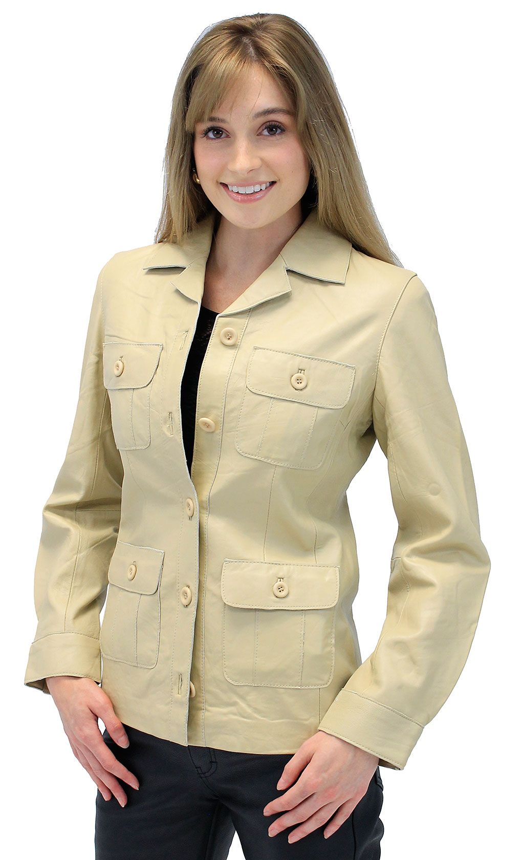 Ladies leather jacket in a lightweight cream white colored lambskin leather. 