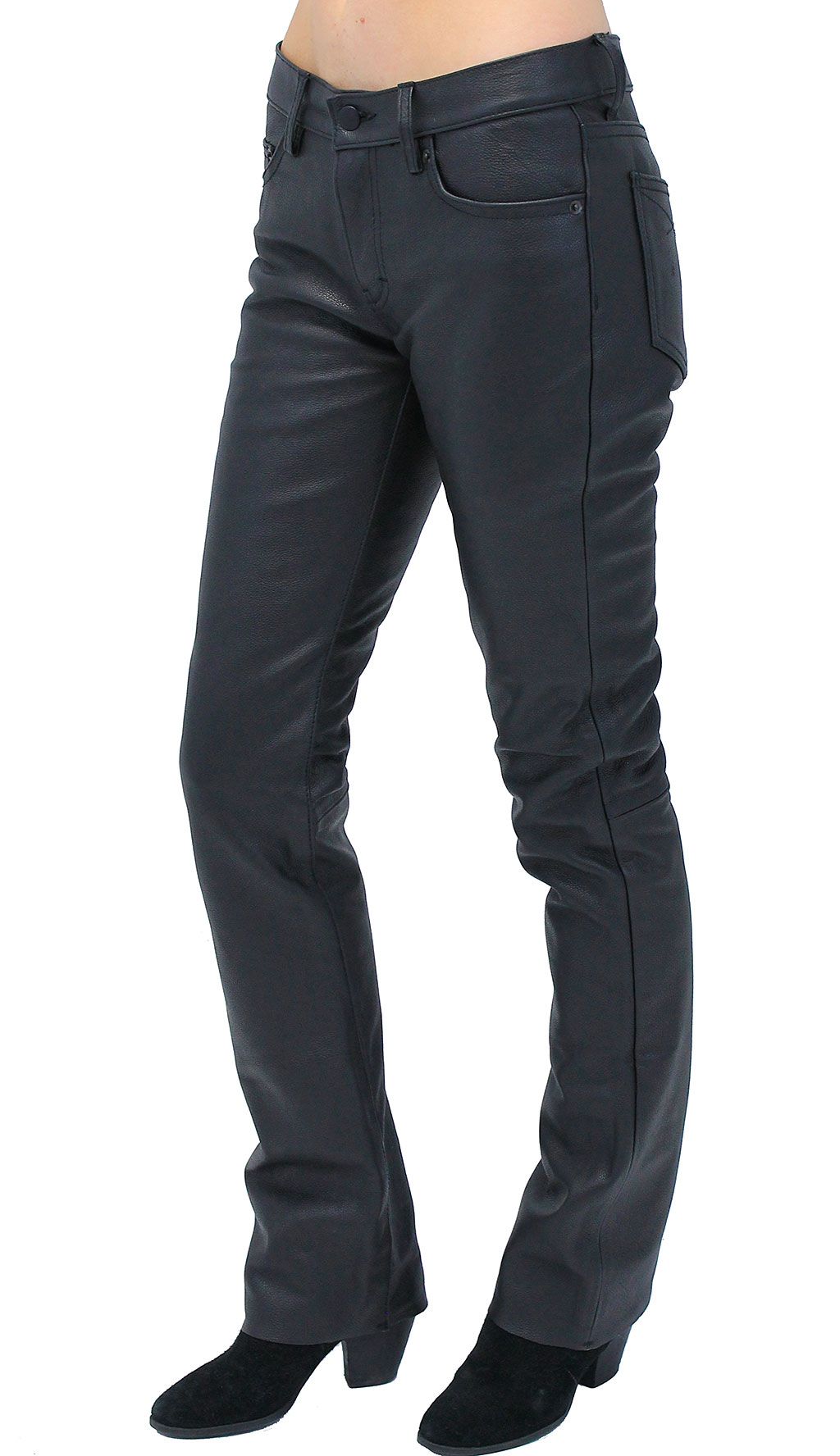 Women's black leather pants in a mid-rise classic five pocket design.