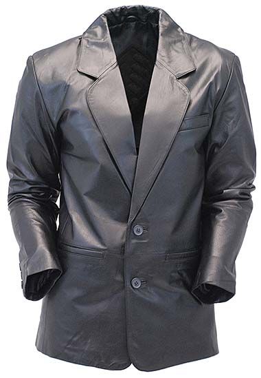 Classic men's black leather two button blazer / sports coat for men that comes with an inside chest pocket, a chest handkerchief pocket, two front pockets and is great for work or play.
