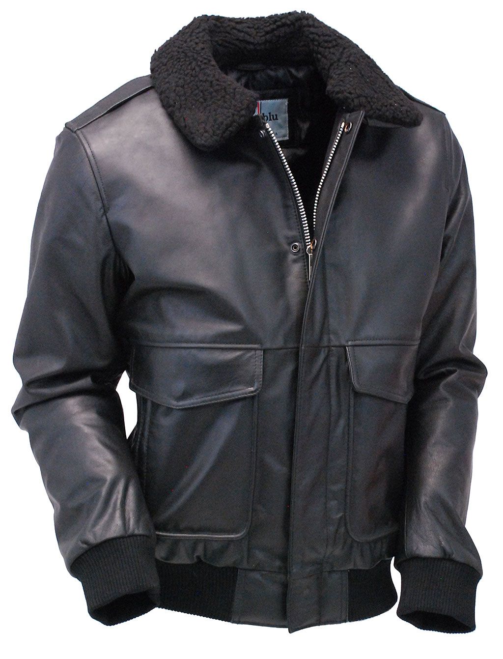 Black leather bomber jacket with removable collar in a classic A2 bomber style.