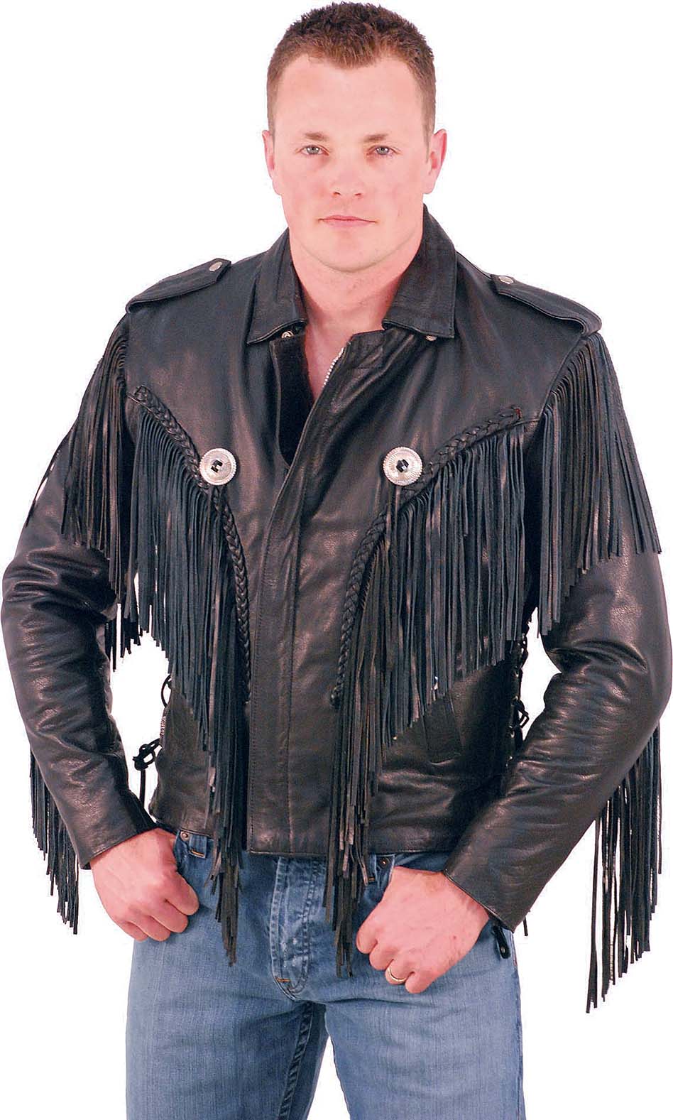 Men's fringe leather jacket with a bit of a western flair.