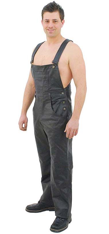 Unisex classic style black leather bib overalls with four front and two rear pockets.