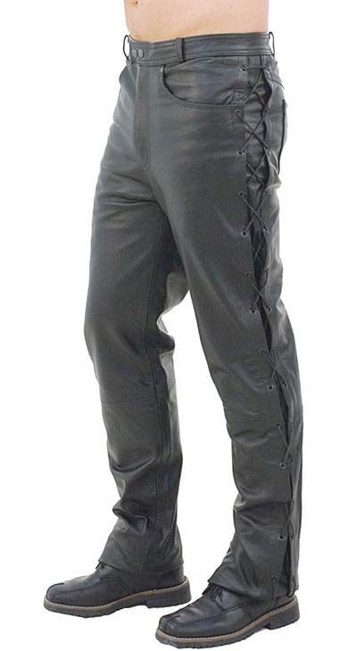 Side lace leather pants for men in a premium buffalo leather.