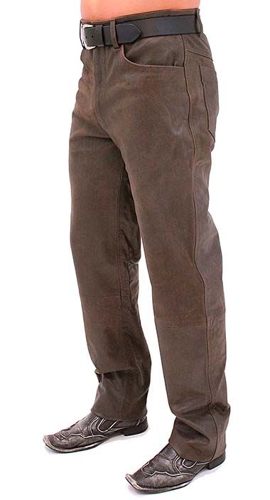 Classic style, brown leather trousers for men in a soft and comfortable medium weight distressed brown leather.