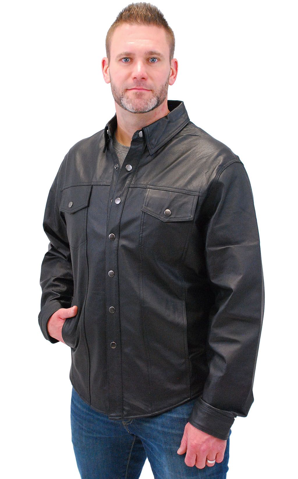 Men's leather shirt in a jean style is also a lightweight leather jacket for those cooler days.