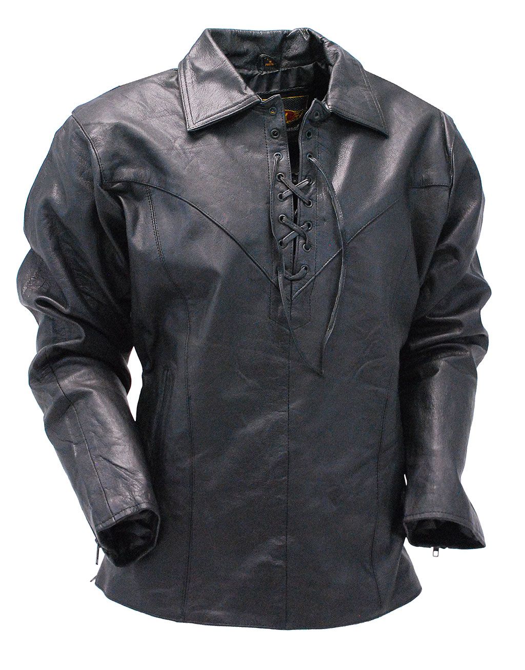 This soft and comfortable black leather shirt is made of soft goatskin leather with a soft nylon lining, zip cuffs, and lace up chest.