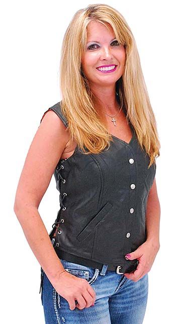 Side lace women's black vest with a concealed carry pocket inside.