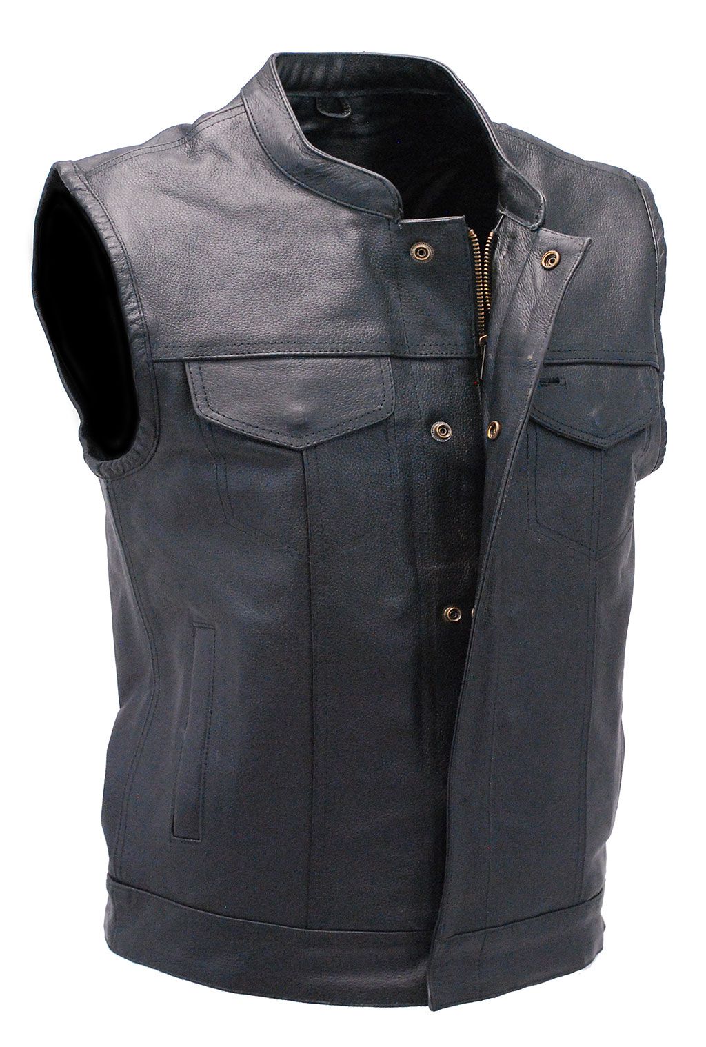 Motorcycle club vest with front zipper and snap flap, dual CCW pockets and a one hidden easy access pocket between the zipper and snap flap.