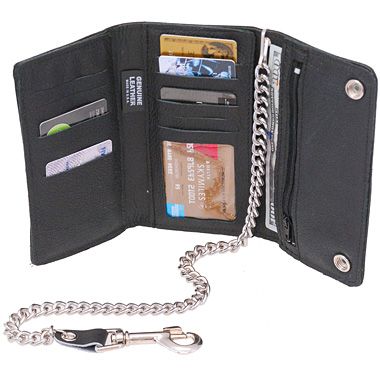 Mascorro Motorcycle Men's Tri-Fold Biker Chain Wallet, Black Genuine Leather TC304-23