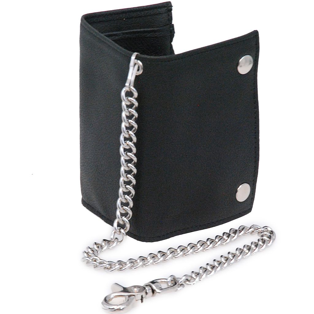 Oversized trifold leather wallet with chain, ID window, durable snaps, and a claw clip on the heavy duty chain for your belt loop.