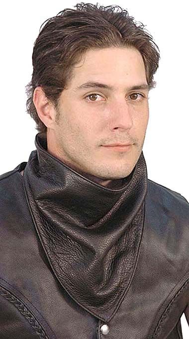 Soft lined black cowhide leather scarf with Velcro closure on back.