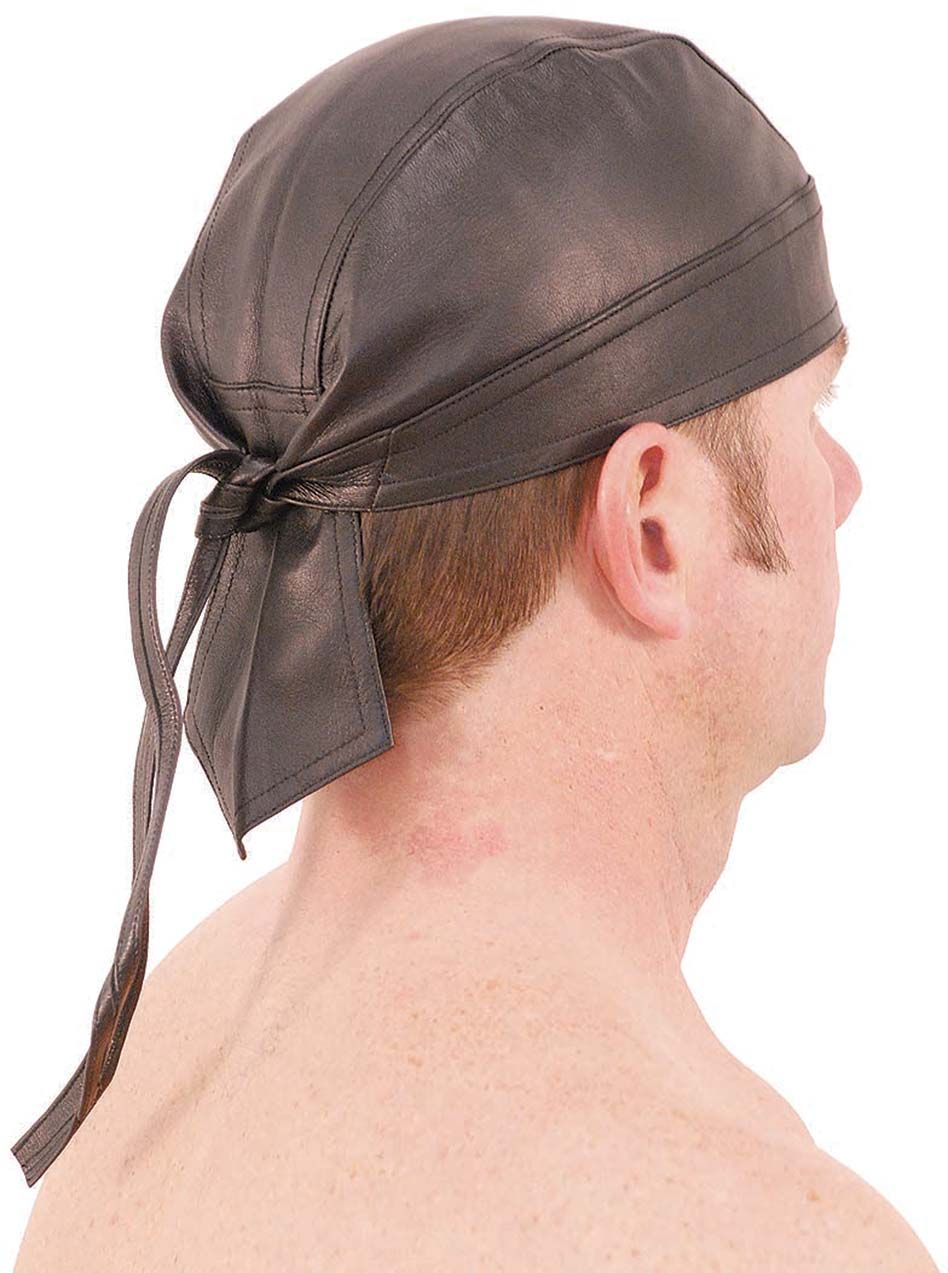 Black leather skull cap, dew rag or head wrap (whatever your title). Made of top grain buffalo leather. Ties in back.