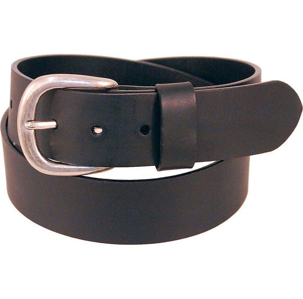 Heavy leather belt made of premium black oil tanned cowhide leather with a removable buckle and keeper.