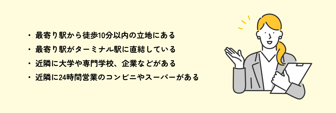 ● 最寄り駅から徒歩10分以内の立地にある ● 最寄り駅がターミナル駅に直結している ● 近隣に大学や専門学校、企業などがある ● 近隣に24時間営業のコンビニやスーパーがある