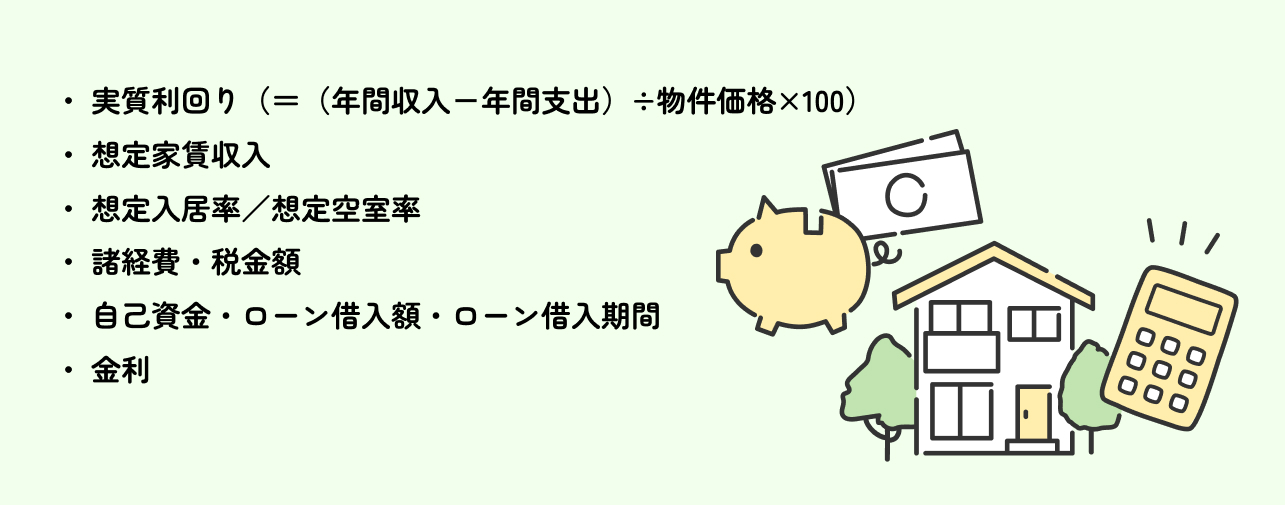 ● 実質利回り（＝（年間収入－年間支出）÷物件価格×100） ● 想定家賃収入 ● 想定入居率／想定空室率 ● 諸経費・税金額 ● 自己資金・ローン借入額・ローン借入期間 ● 金利