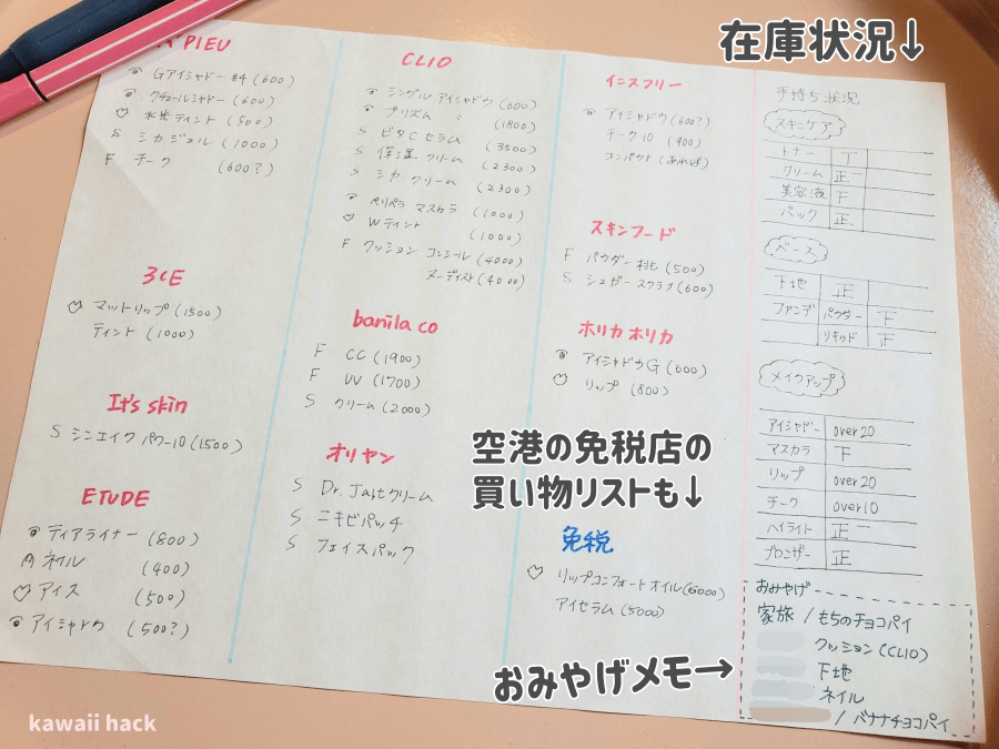 韓国旅行のコスメお買い物リスト