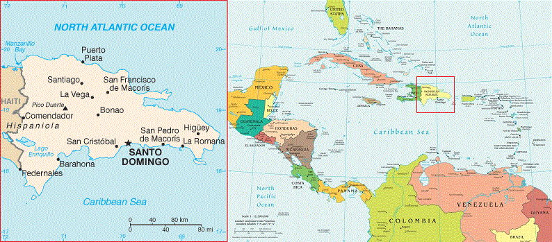 A map showing the Dominican Republic and where it is located in the Caribbean. 