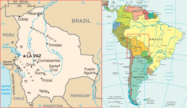 Map of Bolivia, Andean country located within South America