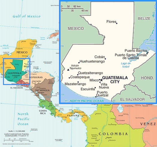 A map of Guatemala and its location within Central America