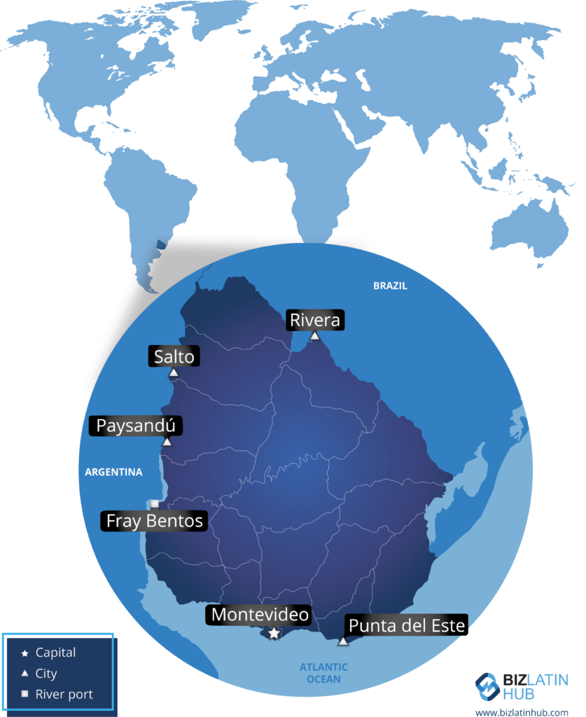 Un mapa del país, un buen lugar para contratar un abogado en Uruguay