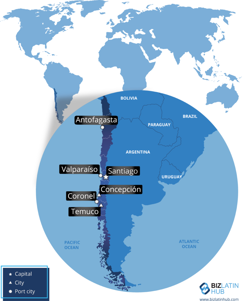 Location within South America and its principal cities where you can conduct background checks in Chile.
