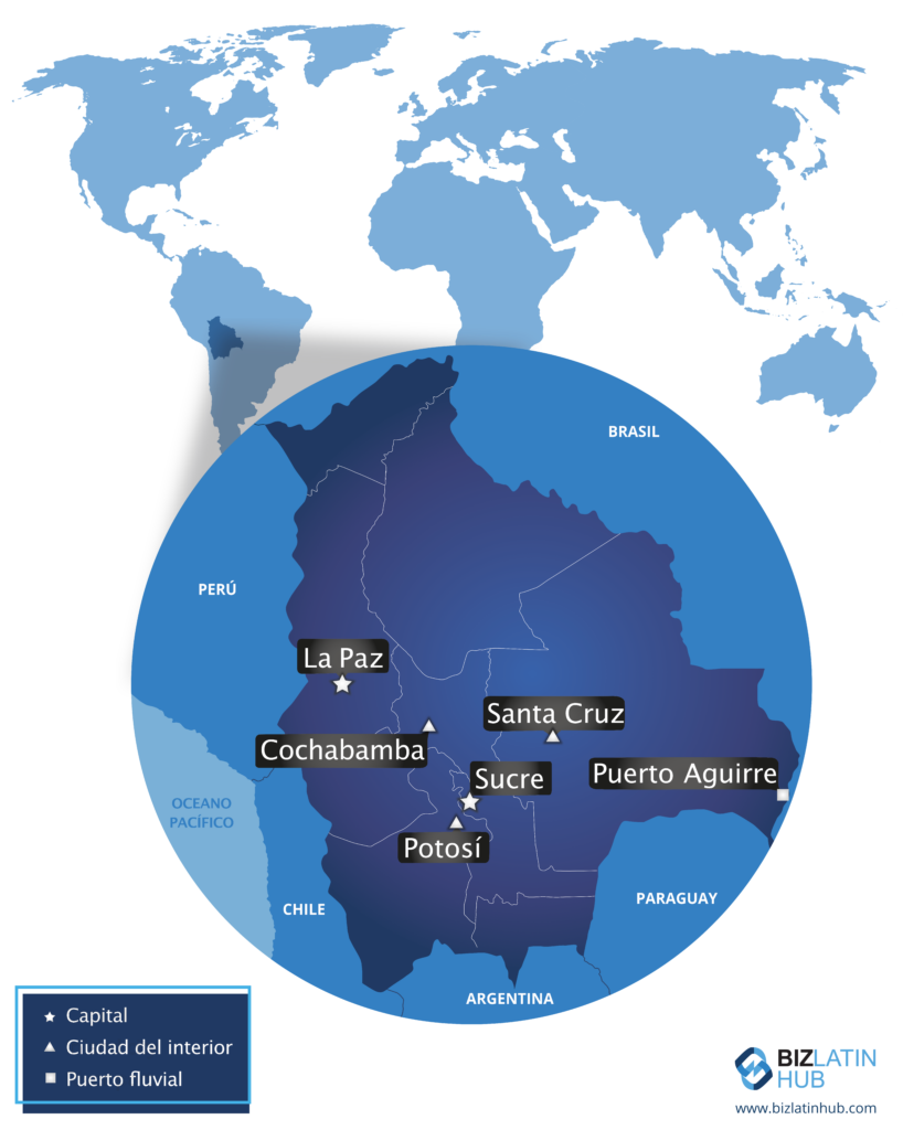Un mapa de Bolivia y algunas de sus principales ciudades, donde puede querer registrar una empresa