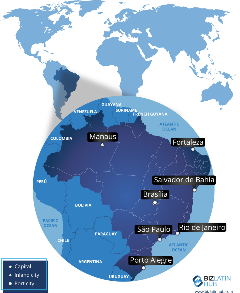 A BLH infographic showing a map of Brazil and some of its major cities, including Sao Paulo, the epicenter of startups in Brazil.