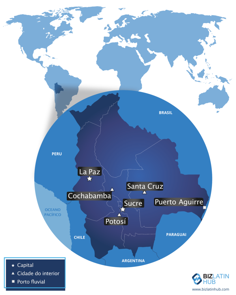 Um mapa da Bolívia e de algumas de suas principais cidades, onde você pode querer registrar uma empresa