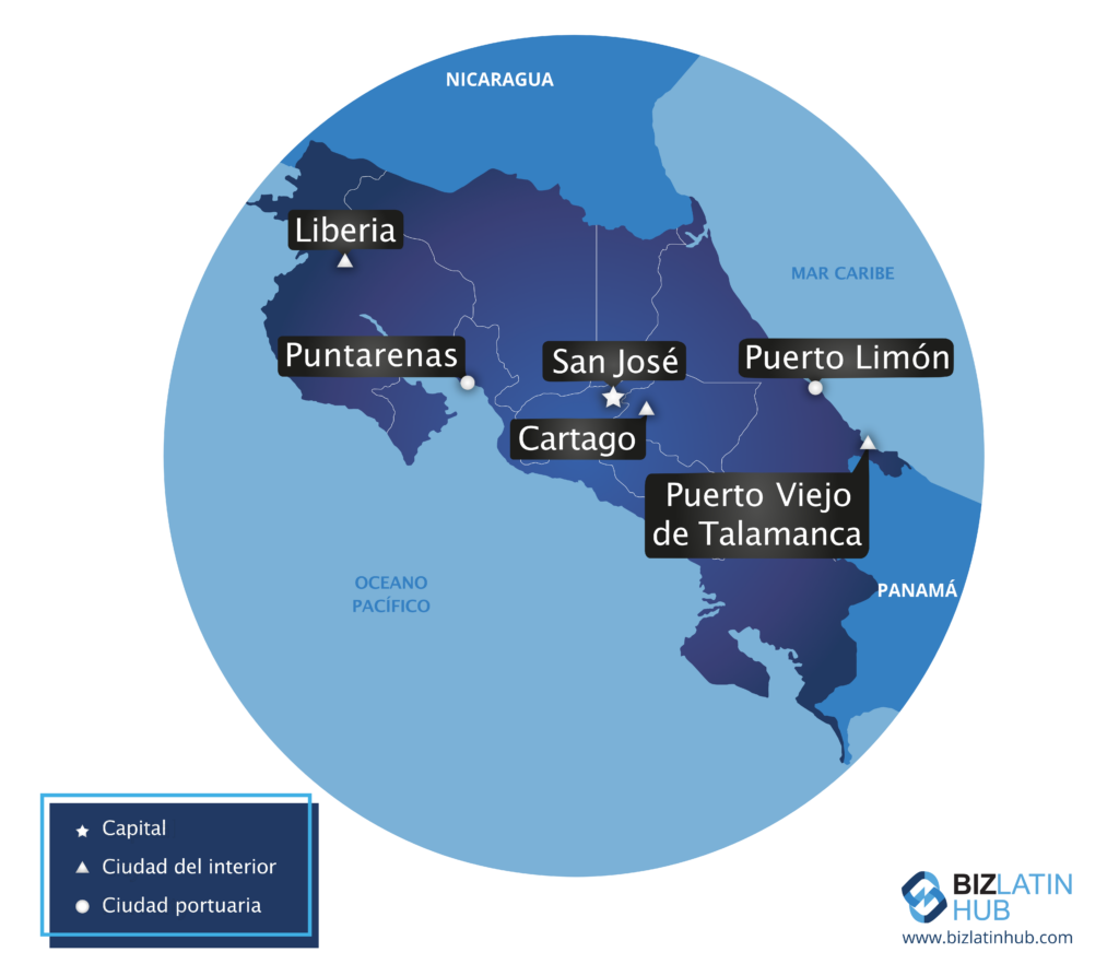 Un mapa de Costa Rica y algunas de sus ciudades clave. Las empresas en Costa Rica deben cumplir con la normativa financiera