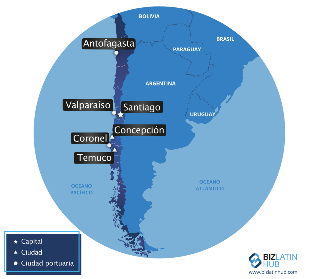 Un mapa de Chile y de algunas de sus principales ciudades, donde puede estar interesado en iniciar un negocio.