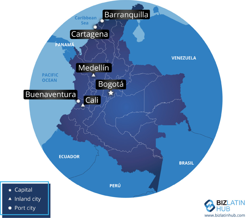 A map of Colombia and some of its main cities to accompany this guide to employment law in Colombia