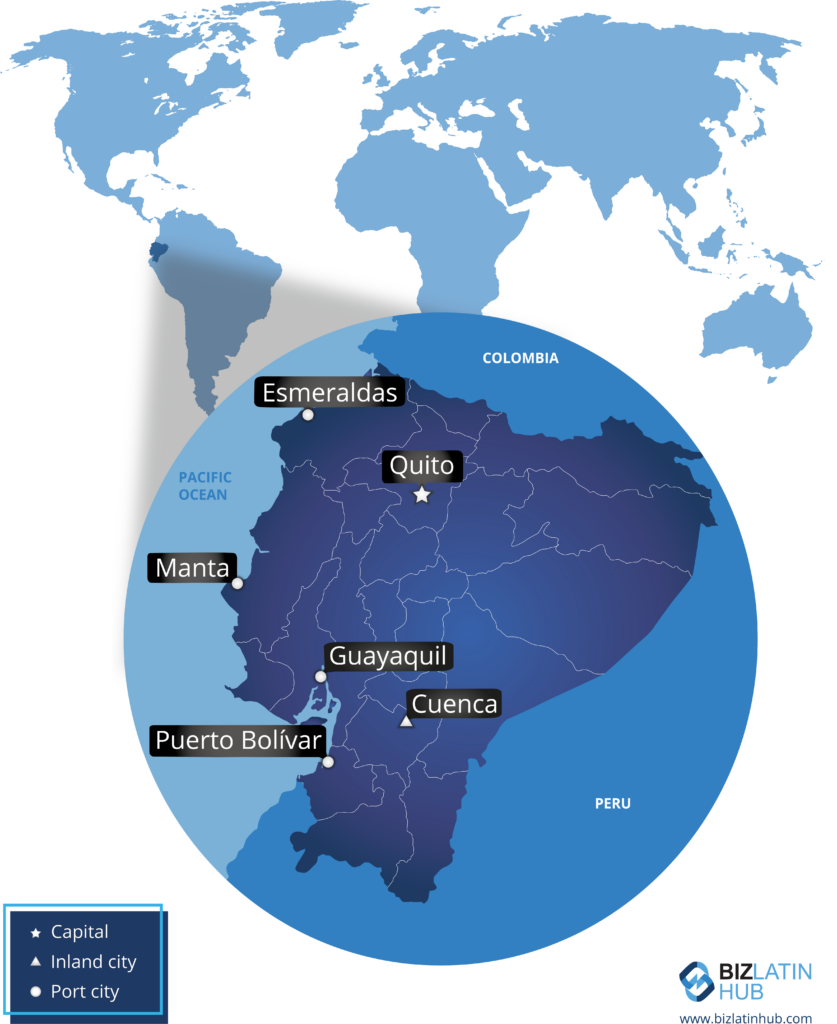 A map of Ecuador and some of its key cities. You may want to form an SAS corporation in Ecuador