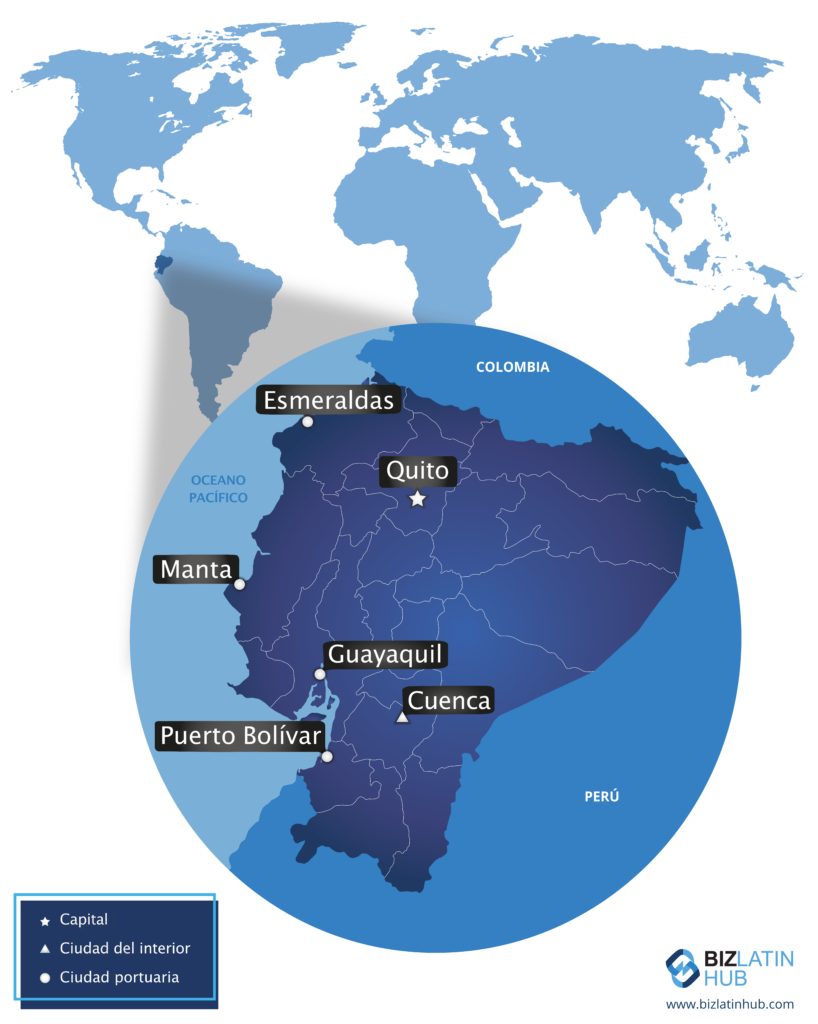 Un mapa de los principales ciudades del pays. Un anuncio reciente del presidente Guillermo Lasso sugiere un futuro brillante para las empresas y la economía de ecuador.