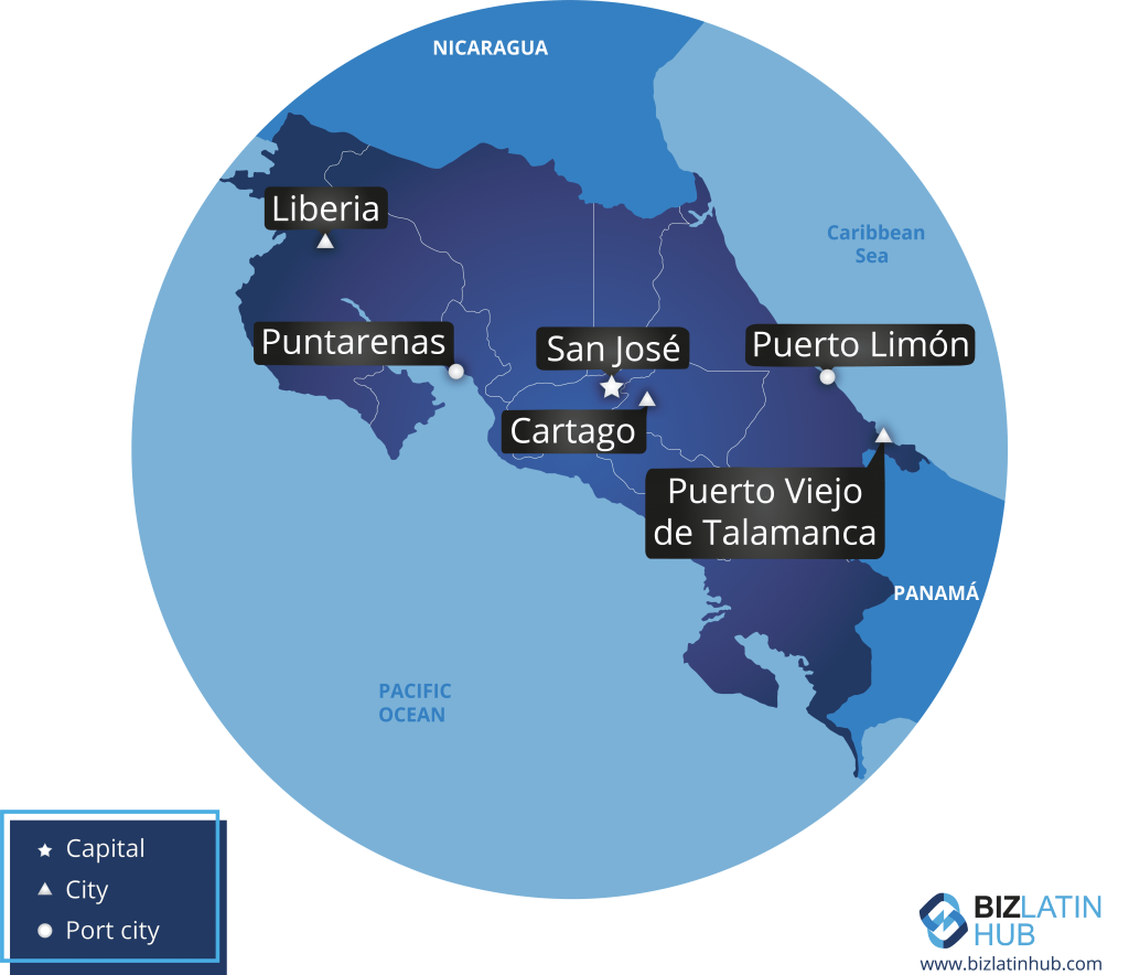 A map of Costa Rica, where investors will need to adhere to local employment law.