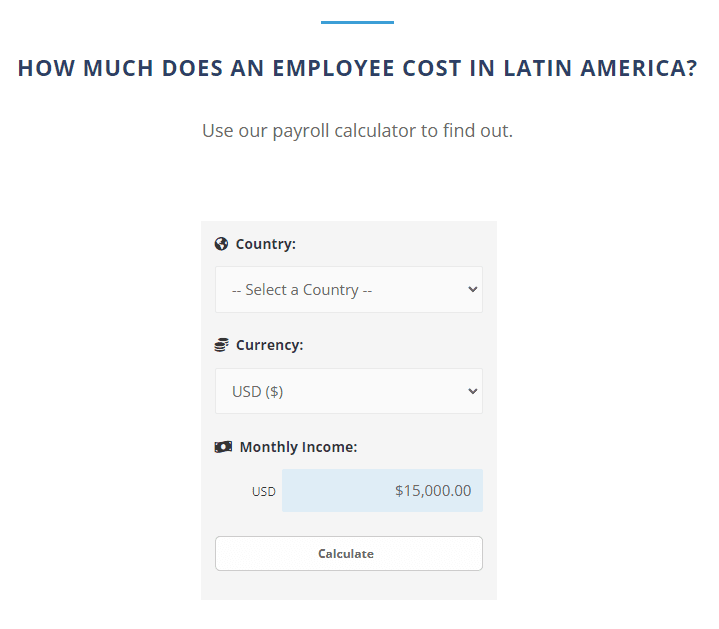 A image of the Biz Latin Hub payroll calculator interface, which can be used to help understand the costs associated with payroll outsourcing in Panama