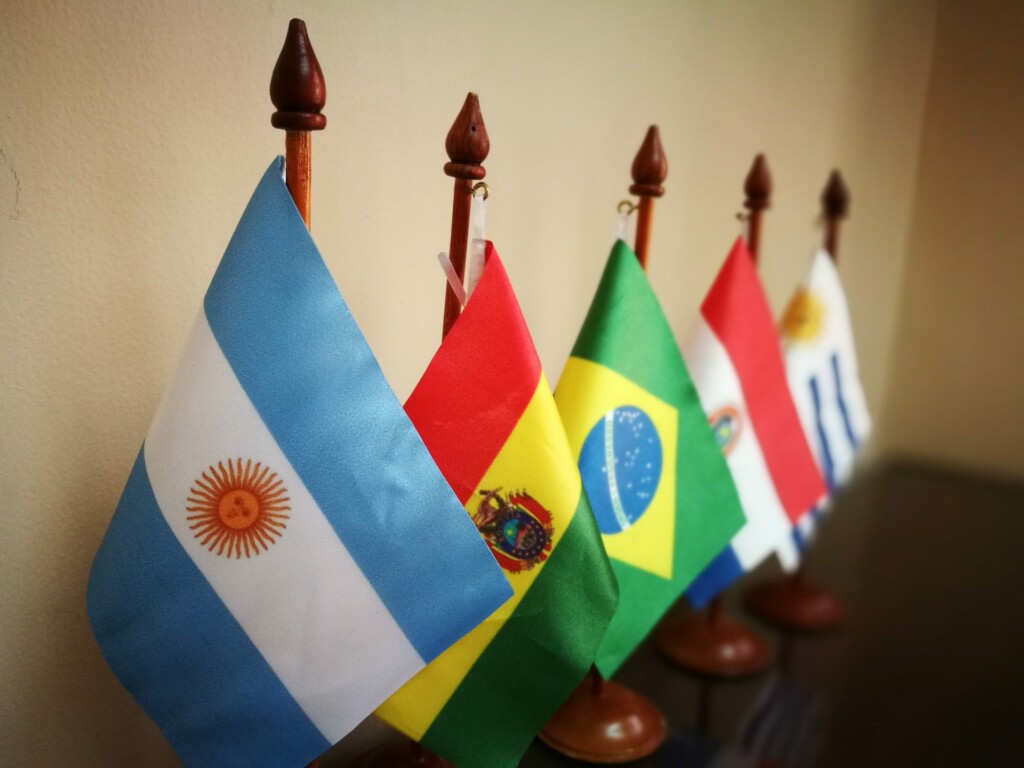 A stock photo of the flags of Mercosur countries to accompany article on back office services in Paraguay. 