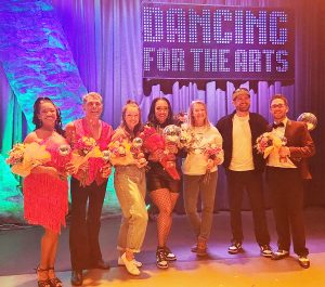 Winners of Dancing For The Arts 2024 were Jewell Dewery, Ouss Sahar, Anna Wheeler, Tekela Redd, coach Catherine Rodenbough, Pres Garrett, and Jacob Frith.