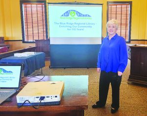 Margaret Caldwell prepares to deliver a lecture on the Blue Ridge Regional Public Library system.