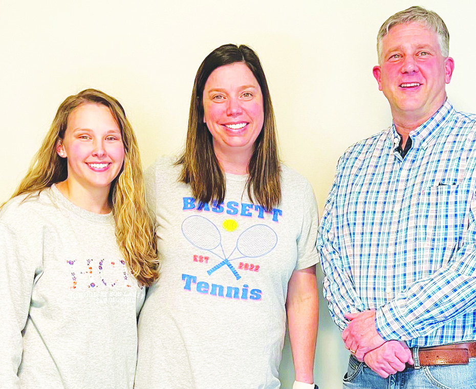 Representatives of the club and the Bassett High School Girls Tennis Team are pictured, from left to right, Assistant Coach Hanna Franklin, Head Coach Jennifer Yeamon, and Kiwanis representative Jim Franklin