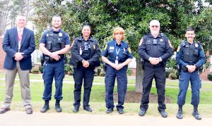 The Martinsville City Public Schools safety team includes (from left): Director of School Safety and Emergency Management T.J. Slaughter, Martinsville Middle School SRO Officer David Koger, Patrick Henry Elementary SRO Sergeant Anitra Huff, Clearview Early Learning Center SRO Officer Coretha Gravely, Albert Harris Elementary SRO Master Deputy Dean Comer, and Martinsville High SRO Officer Alfredo Huerta.