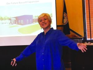 Concluding a talk on the history of the Blue Ridge Regional Library, Margaret Caldwell talks about the proposed expansion of the Bassett Branch. (Screenshot)