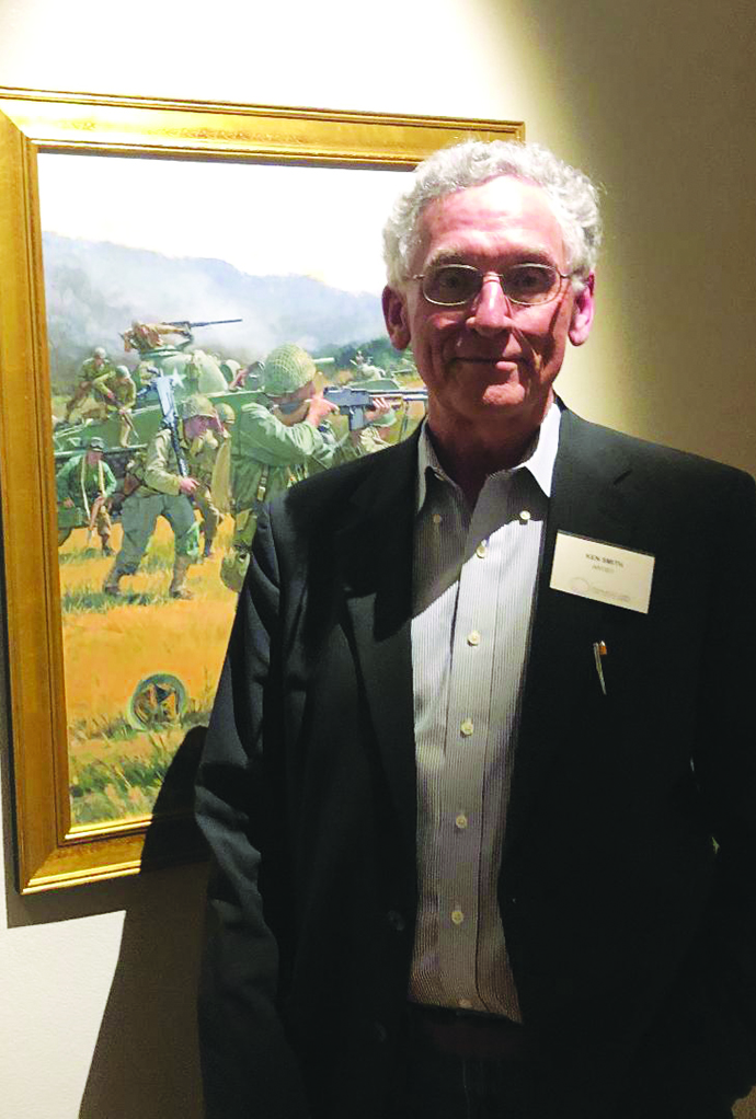 Ken Smith's paintings depict scenes from war, mostly World War II.