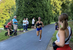 Sienna Bailey at finish of 2023 D&W Mile. She won the Female Division in 4:58. A recent Bassett High School graduate, she will run for D1 Radford University next year. (Contributed) 